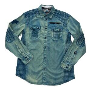 Austin Season Western Shirt Mens M Distressed  Embroidered Moto Biker Bottom Up